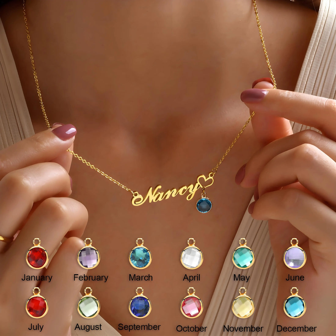 Personalized Gold - Plated Name Necklace with Birthstone Pendant, Customizable Jewelry for Women, Ideal Gift for Occasions